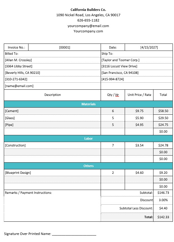 Professional Construction Invoice Template PSD template